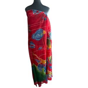 XL- coverup- Coral Fish- Bright Red blues Green wrap, shawl, sarong OSFM